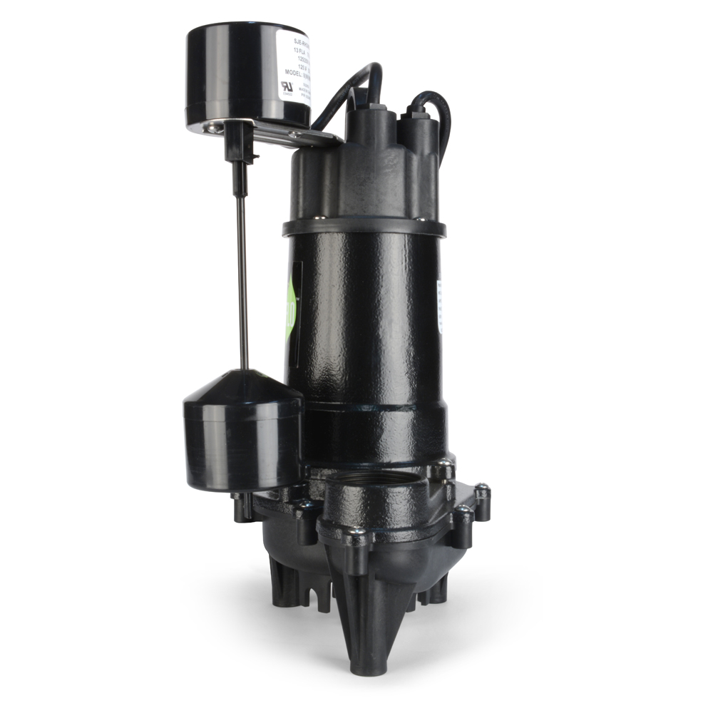 Sump Pump, Eco-Flo, 5 A, 115 V, 1/3 hp, 1-1/2 in Outlet, 3300 gph, Cast Iron/Thermoplastic - 5