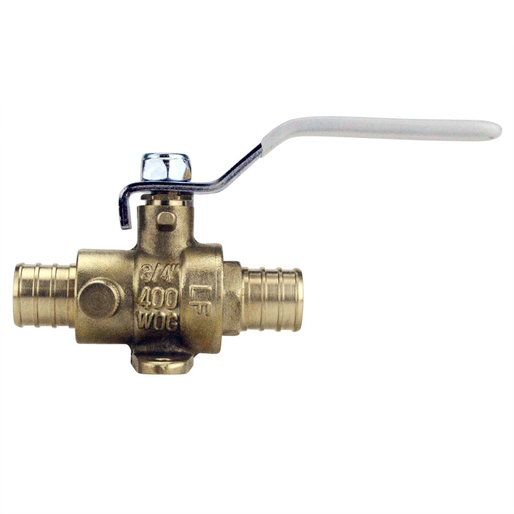 Valves APXV34WD Ball Valve with Drain and Mounting Pad, 3/4 in Connection, Barb, 200 psi Pressure, Lever Actuator, Brass Body