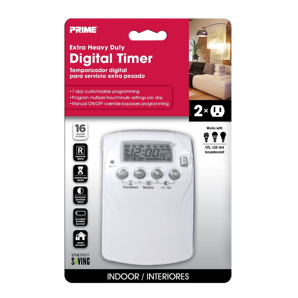 Prime TNDHD002 Lightning Timer, 15 A, 125 V, 1875 W, 2 -Outlet, 7 days Time Setting, 19 hr 59 min Cycle, White - 2
