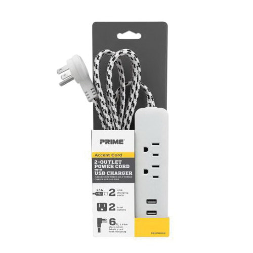 Prime PBUF0002 Accent Cord, 16 AWG Cable, 6 ft L Cable, Low-Profile Plug, 2 -USB Port, 13 A, 125 V, White - 2