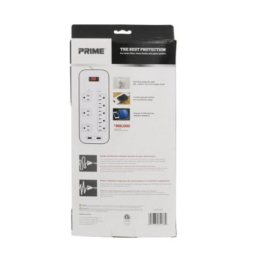 Prime PB523120 Surge Protector with USB Charger, 125 V, 15 A, 8 -Outlet, 2400 J Energy, White - 2