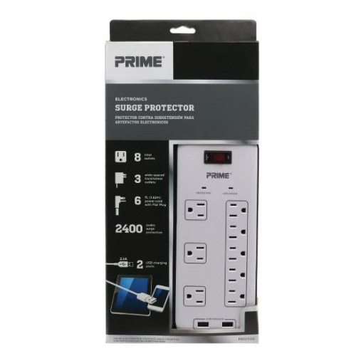 Prime PB523120 Surge Protector with USB Charger, 125 V, 15 A, 8 -Outlet, 2400 J Energy, White - 3
