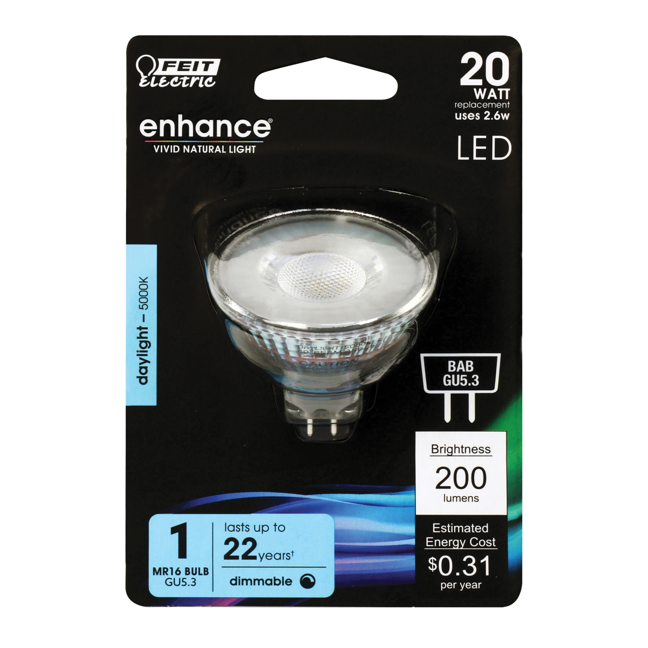 Feit Electric BPBAB/950CA LED Bulb, Track/Recessed, MR16 Lamp, 20 W Equivalent, GU5.3 Lamp Base, Dimmable, Frosted