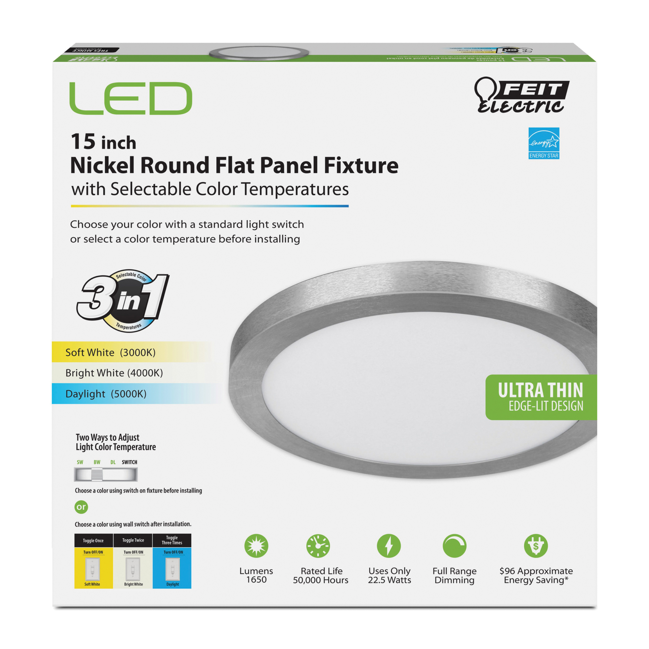 Feit Electric FP15/4WY/NK Light Fixture, 120 V, 22.5 W, LED Lamp, 1650 Lumens Lumens, 3000, 4000, 5000 K Color Temp - 2