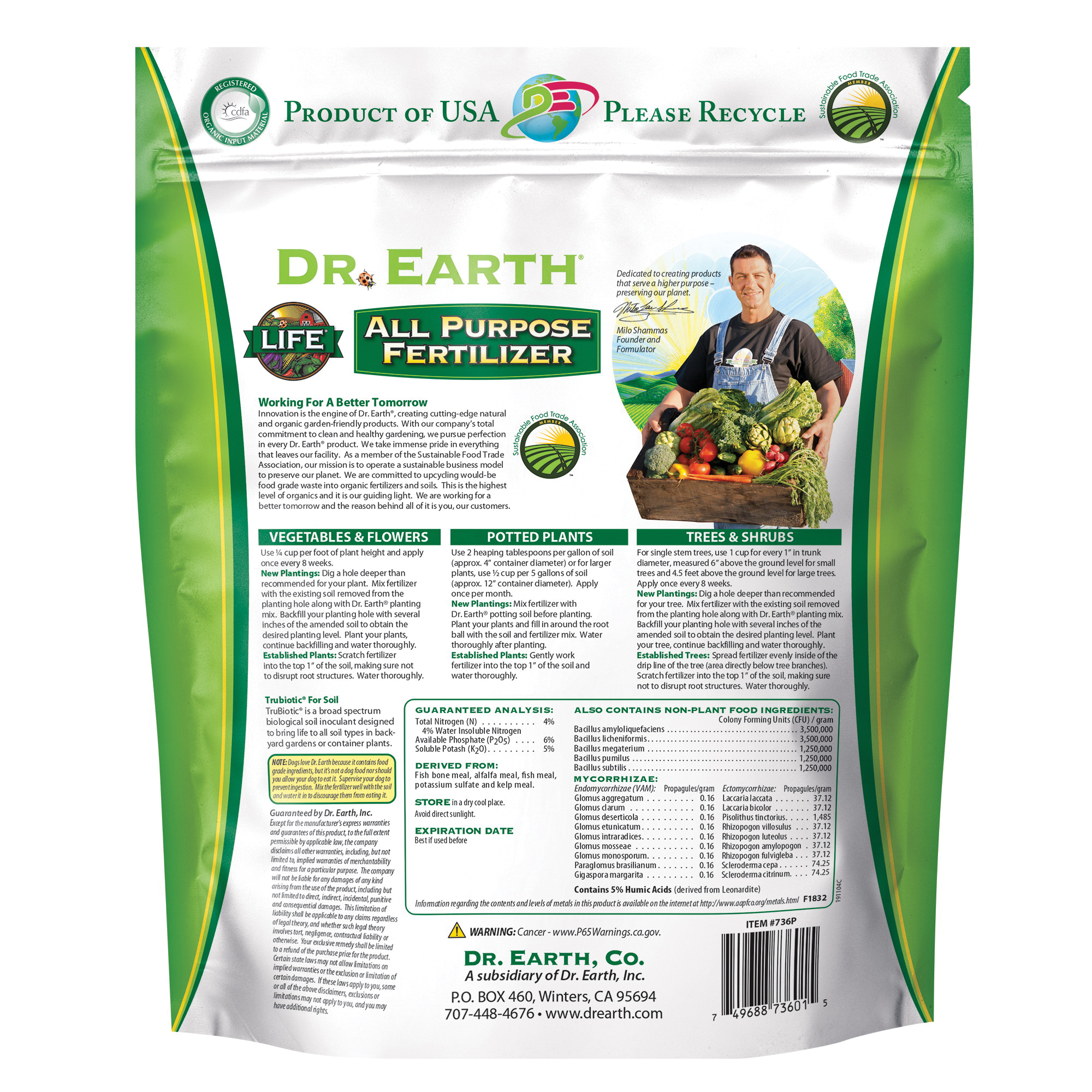 Dr. Earth 736P All-Purpose Fertilizer, 4 lb, Powder, 4-6-5 N-P-K Ratio