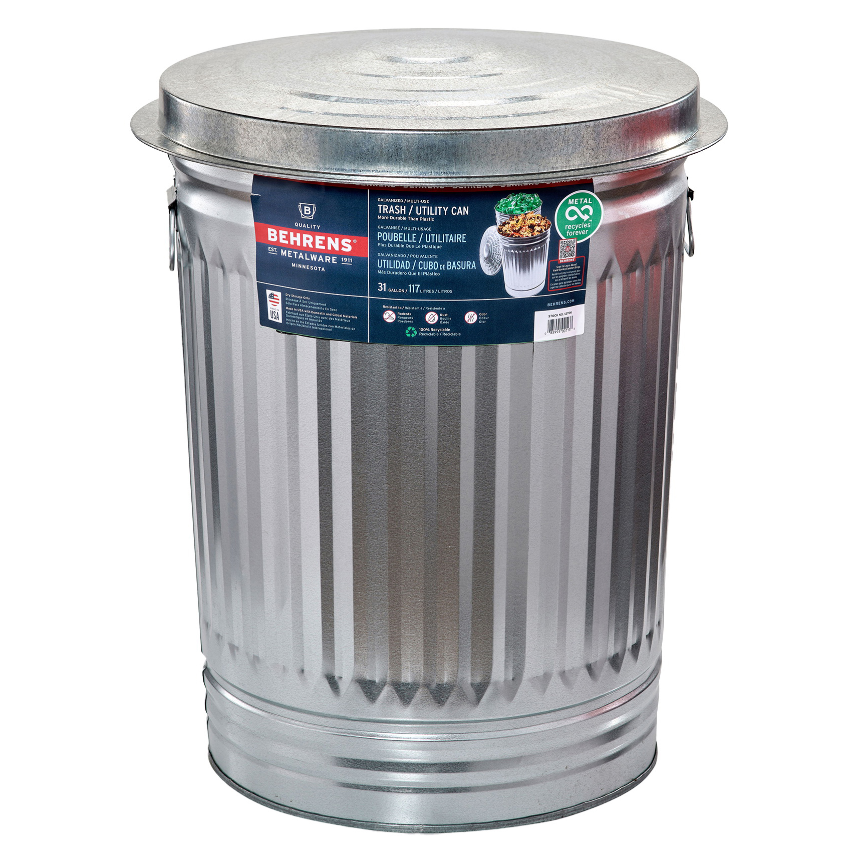 1270 Trash Can, 31 gal Capacity, Steel, Silver