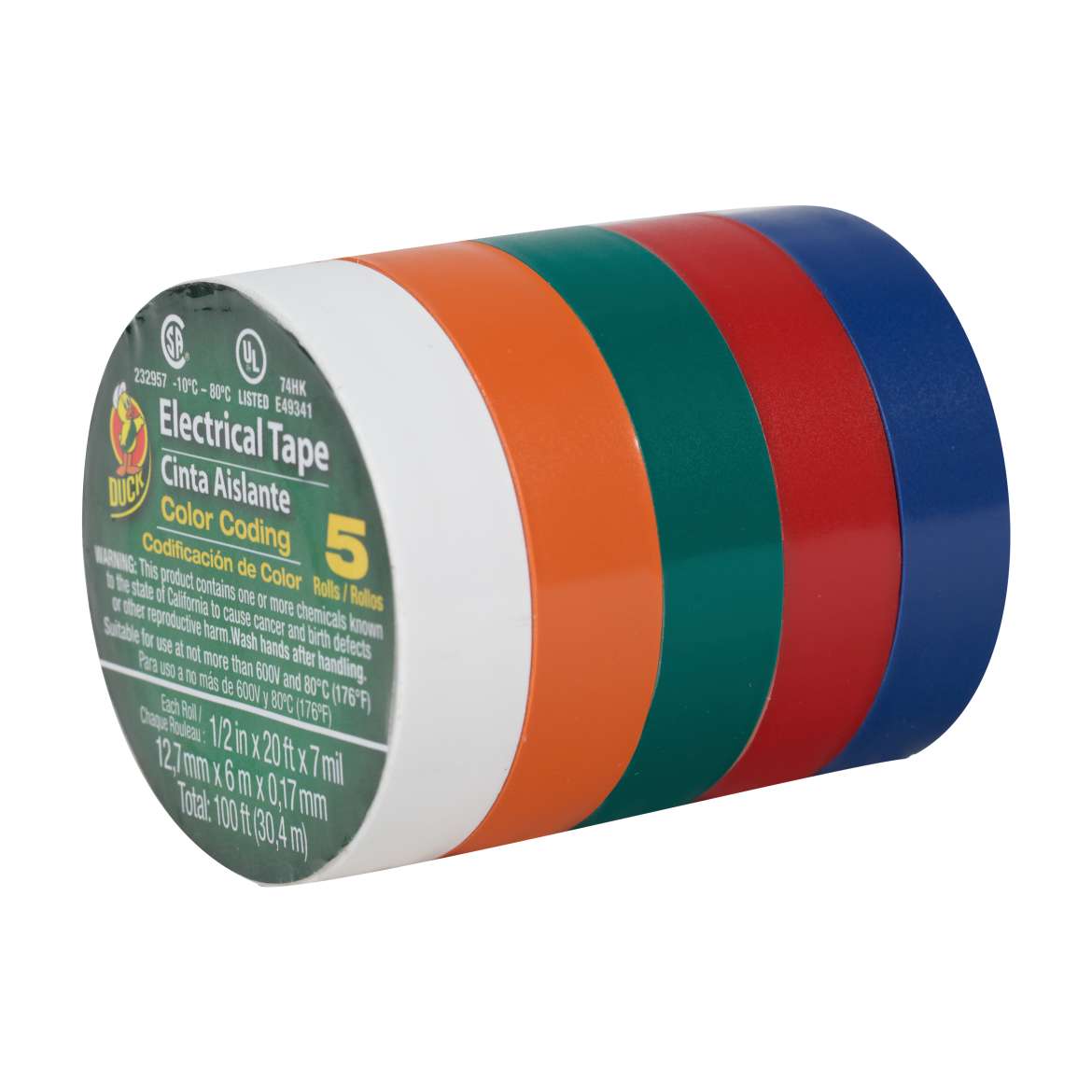 Duck 299020 Electrical Tape, 20 ft L, 1/2 in W, Vinyl Backing, Multi-Color