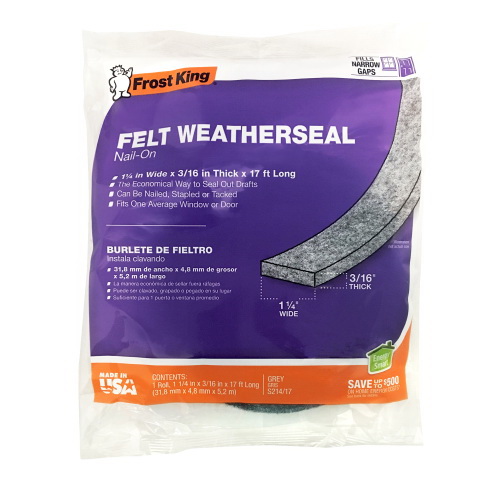 Frost King S258/17H Weatherstrip, 5/8 in W, 3/16 in Thick, 17 ft L, Felt, Gray