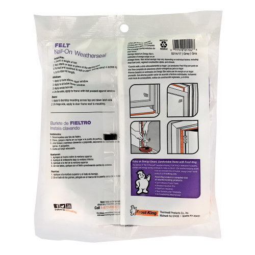 Frost King S258/17H Weatherstrip, 5/8 in W, 3/16 in Thick, 17 ft L, Felt, Gray