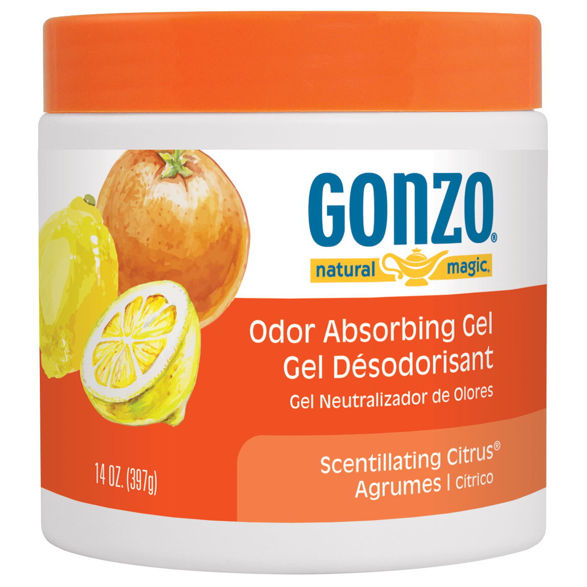 Gonzo 4119D Odor Absorbing Gel, 14 oz Jar, Scentillating Citrus, White, 400 sq-ft Coverage Area - 1