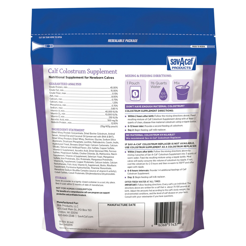 Sav-A-Caf 01-7514-0210 Colostrum Replacer, Dry, 453 g, Pouch
