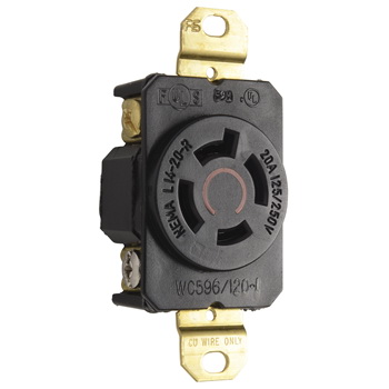 Pass & Seymour L1420R Single Receptacle, 3 -Pole, 125, 250 V, 20 A, Back Wiring, NEMA: NEMA L14-20R, Black/White