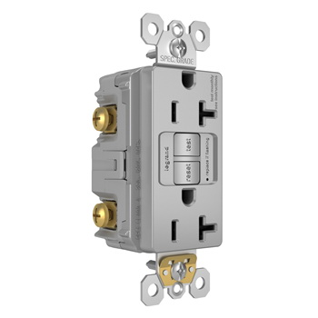 Radiant GFCI Receptacle, Pass & Seymour, 125 V, 20 A, NEMA: NEMA 5-20R, Back and Side Wiring, Gray - 3