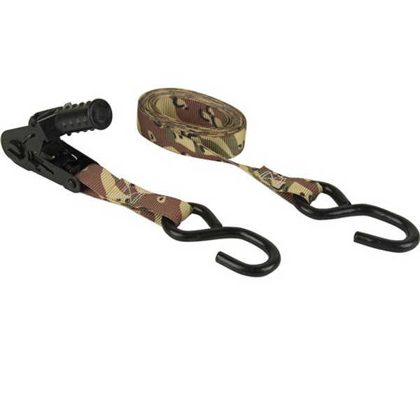 Ratchet Tie-Down, Keeper, 1 in W, 12 ft L, Desert Camouflage, 500 lb Working Load, S-Hook End, 4 pk - 2