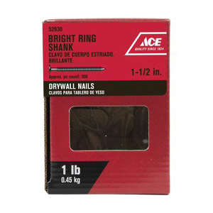 ACE 52930 Drywall Nail, 1-1/2 in L, Bright, Flat Head, Annular Ring Shank, Silver, 1 lb - 2