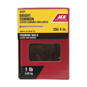 ACE 52237 Framing Nail, 20D, 4 in L, Steel, Bright, Round Head, Smooth Shank, Silver, 1 lb - 2