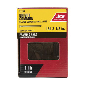 ACE 52236 Common Nail, 16D, 3-1/2 in L, Steel, Bright, Round Head, Smooth Shank, Silver, 1 lb - 2