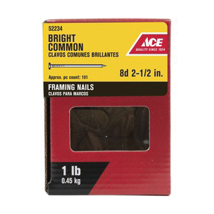ACE 52234 Framing Nail, 8D, 2-1/2 in L, Steel, Bright, Round Head, Smooth Shank, Silver, 1 lb - 2