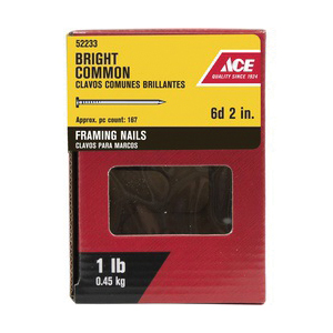 ACE 52233 Framing Nail, 6D, 2 in L, Steel, Bright, Round Head, Smooth Shank, Silver, 1 lb - 2