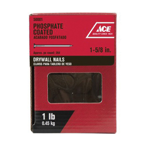 ACE 50001 Drywall Nail, 1-5/8 in L, Steel, Phosphate-Coated, Cupped Head, Smooth Shank, 1 lb - 2