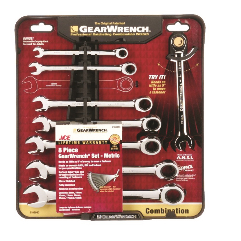 ACE 2108983 Gear Wrench Set, 8-Piece, Metal, Chrome, Silver - 1