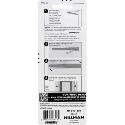 Hillman 121200 Hangman Picture and Mirror Hanging System, Specifications: 60 lb Weight Rating, 5 in L Dimensions