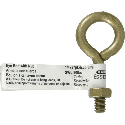 Hillman 322609 Series Eye Bolt with Hex Nut, 2 in OAL, 1/4 in Thread, Coarse Thread, Steel, Gold