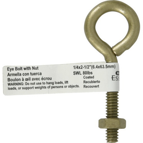 Hillman 322610 Series Eye Bolt with Hex Nut, 2-1/2 in OAL, 1/4 in Thread, Coarse Thread, Steel, Gold