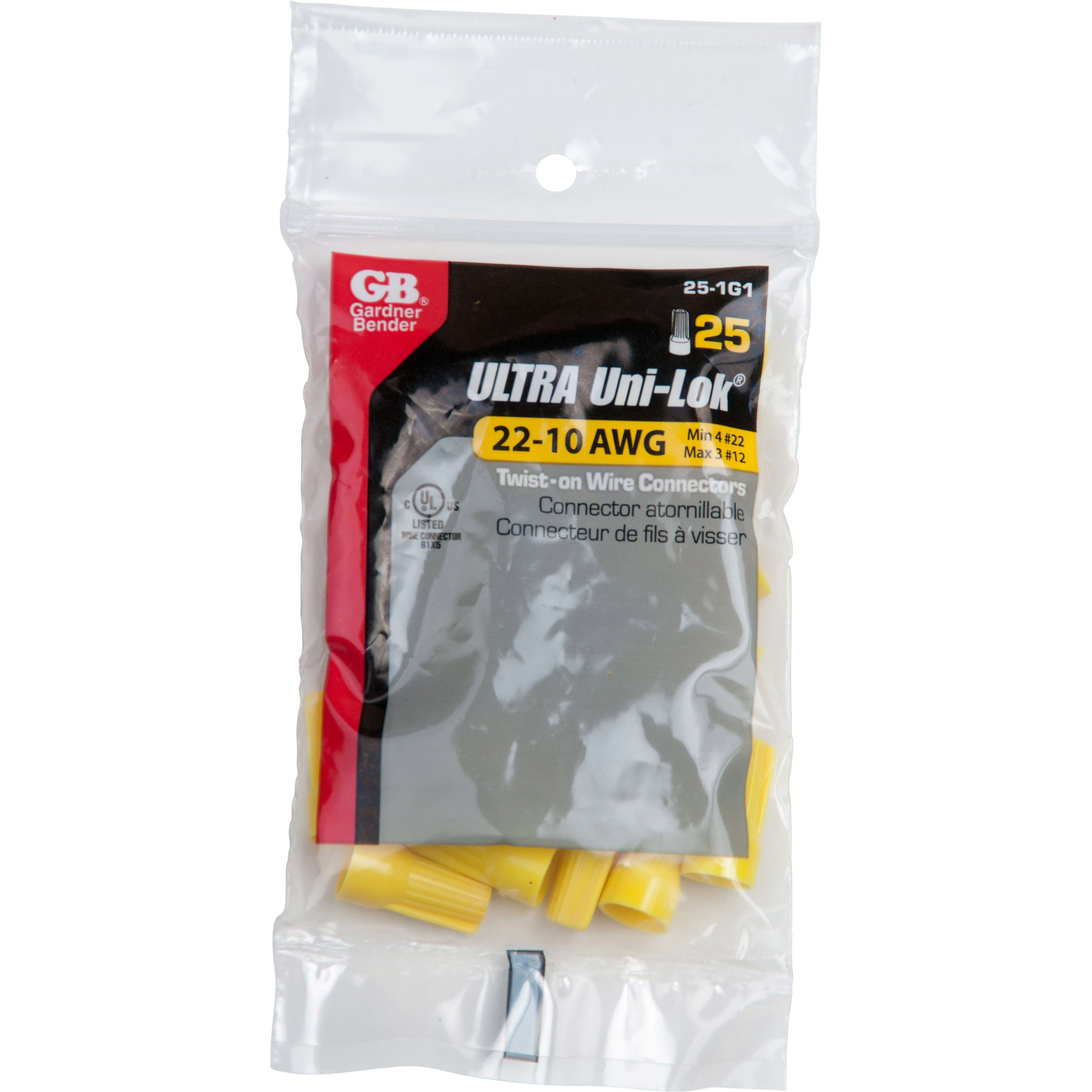 Wire Connector, Gardner Bender, 22 to 12 AWG Wire, Copper Contact, Nylon Housing Material, Yellow, 25pk - 3