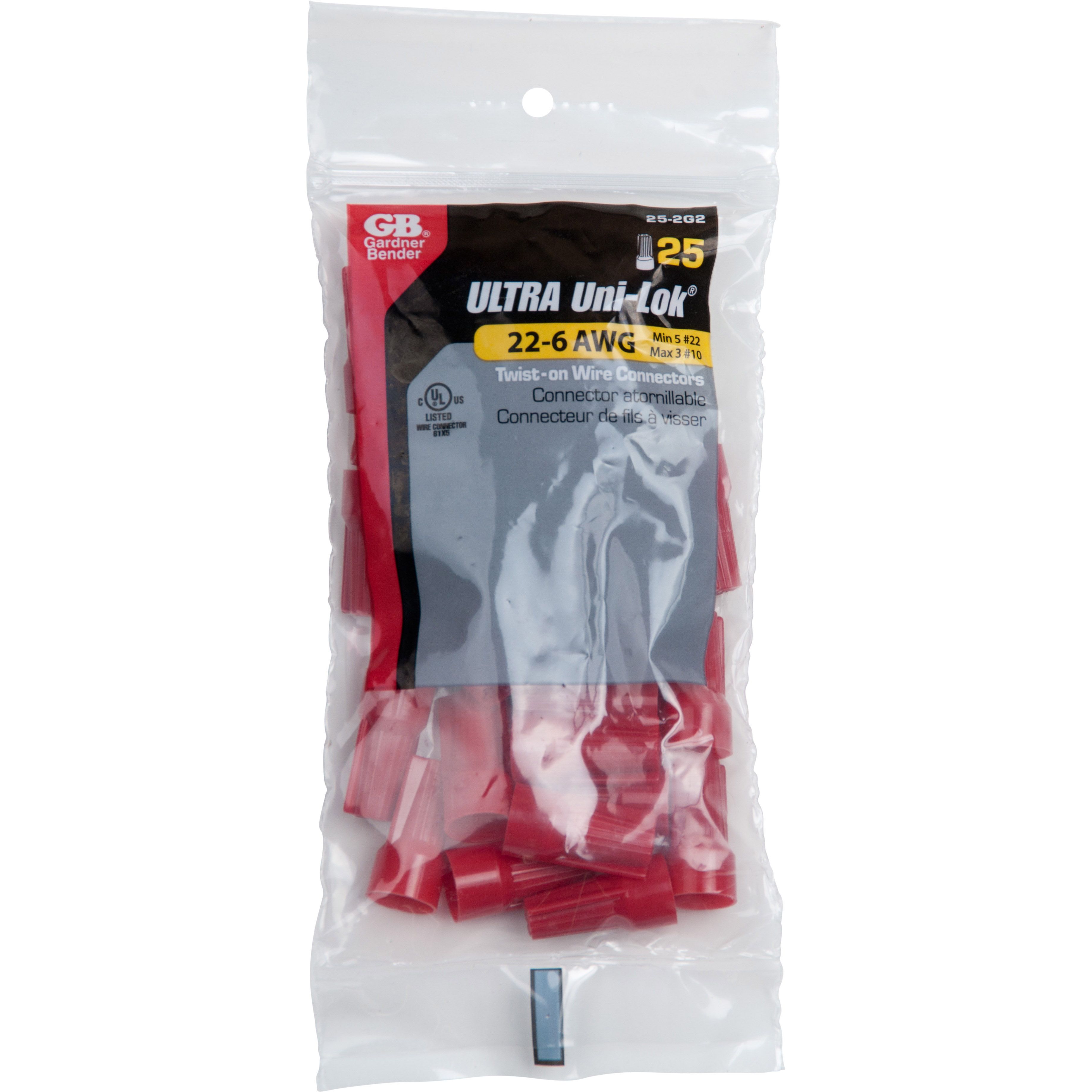 Wire Connector, Gardner Bender, 22 to 10 AWG Wire, Copper Contact, Nylon Housing Material, Red, 25pk - 3