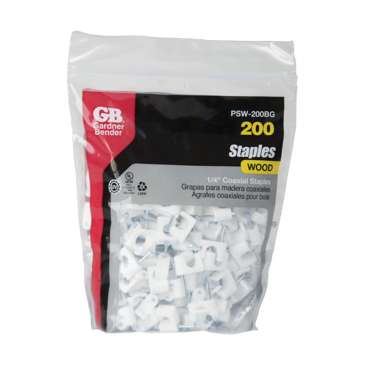 Cable Staple, Gardner Bender, 1/4 in W Crown, Polyethylene, White, 200pk - 2