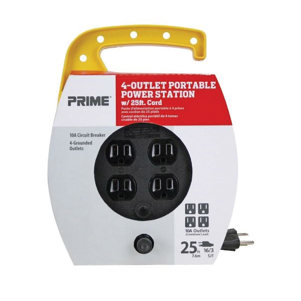 Cord Caddy with Outlet, Prime, 25 ft L Cord, 16 ga Wire, Grounded Plug, 125 V, Yellow - 2