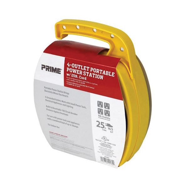 Cord Caddy with Outlet, Prime, 25 ft L Cord, 16 ga Wire, Grounded Plug, 125 V, Yellow - 3