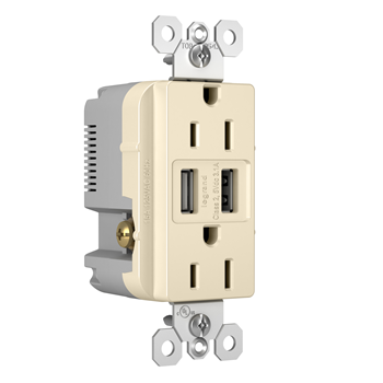 Radiant Outlet with USB Charger, Pass & Seymour, 15 A, 125 V, NEMA: NEMA 5-15R, Light Almond - 2