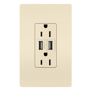 Radiant Outlet with USB Charger, Pass & Seymour, 15 A, 125 V, NEMA: NEMA 5-15R, Light Almond - 4