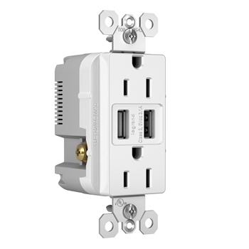 Radiant Outlet with USB Charger, Pass & Seymour, 15 A, 125 V, NEMA: NEMA 5-15R, White - 2