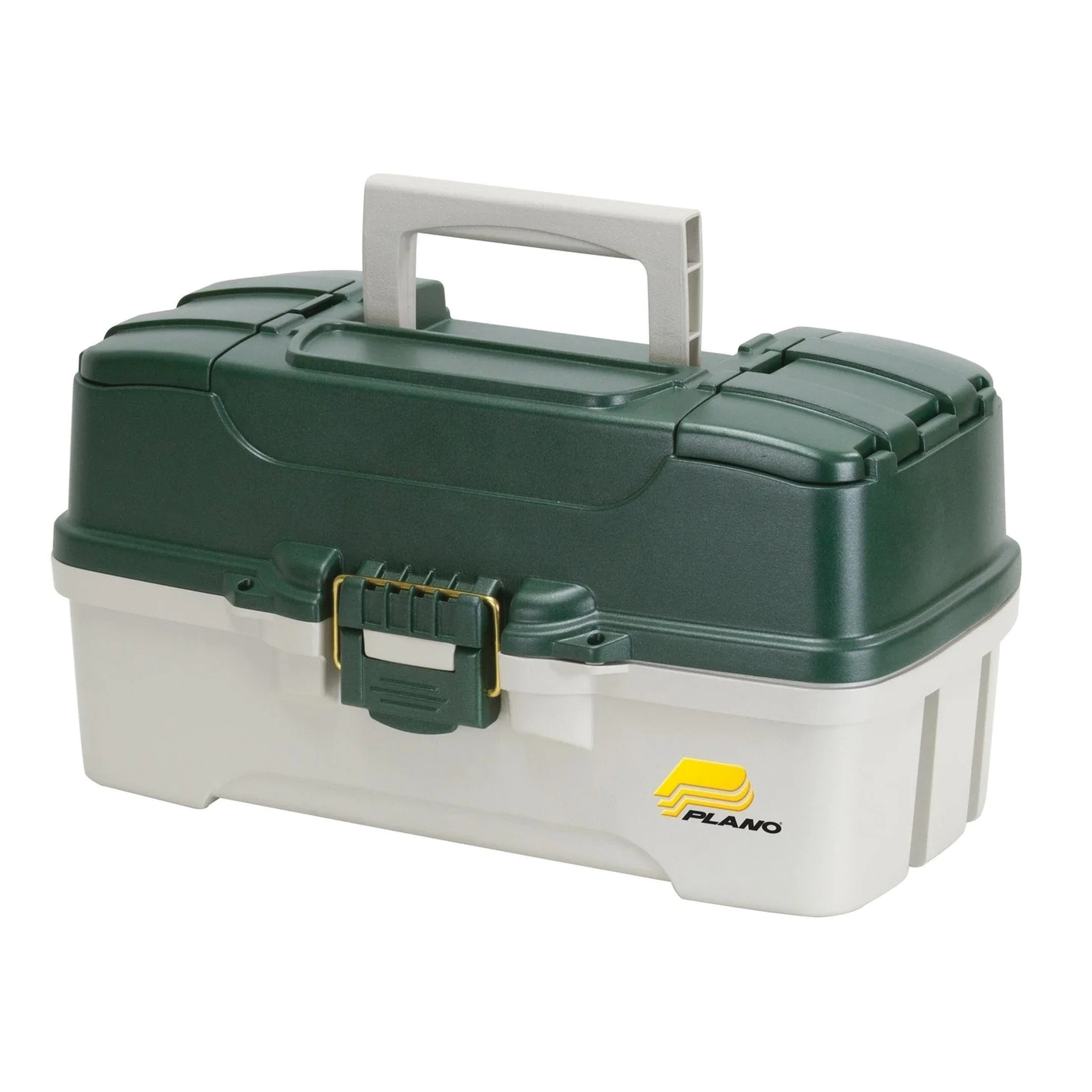 Plano 620306 Three-Tray Tackle Box, 22 in W, 41 in D, 23 to 41-Compartment, Brass, Green/White