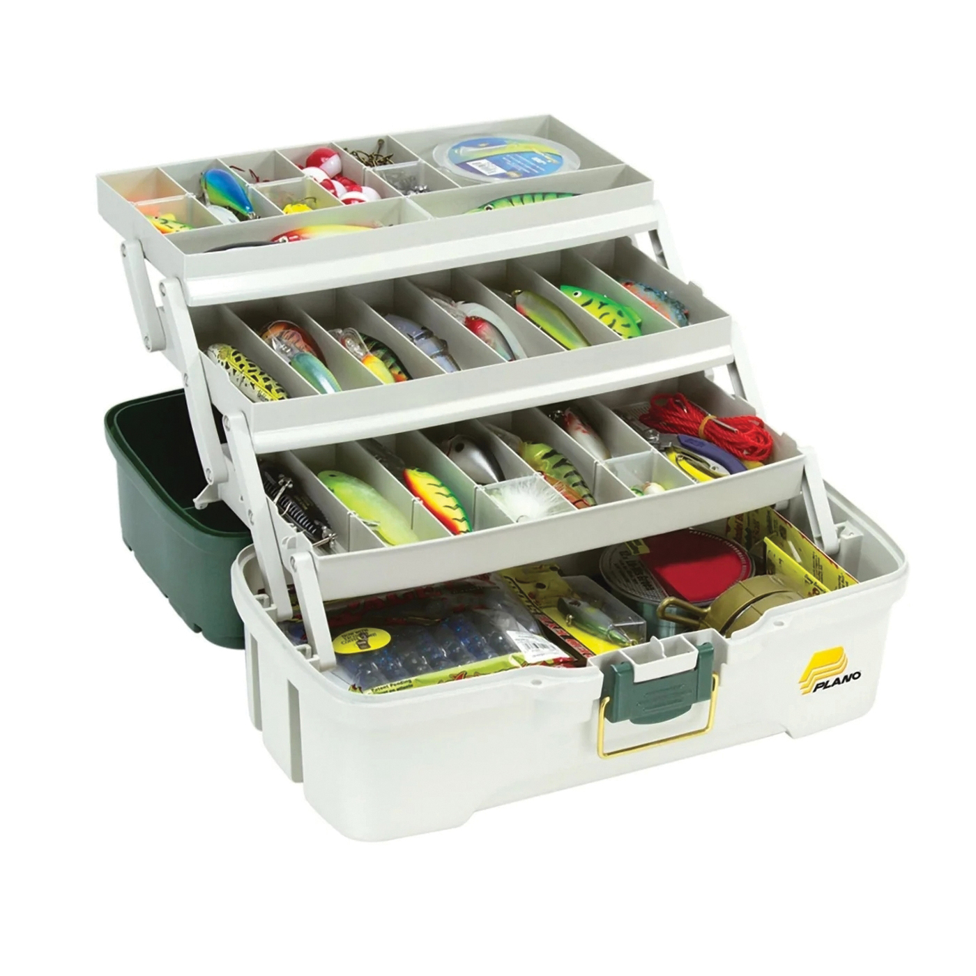 Plano 620306 Three-Tray Tackle Box, 22 in W, 41 in D, 23 to 41-Compartment, Brass, Green/White