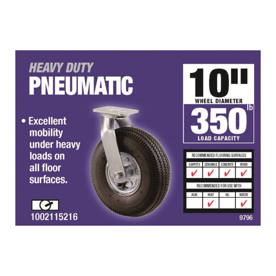 Swivel Caster, Shepherd Hardware, 10 in Dia Wheel, 3-1/2 in W Wheel, Rubber Wheel, Black, 350 lb - 2