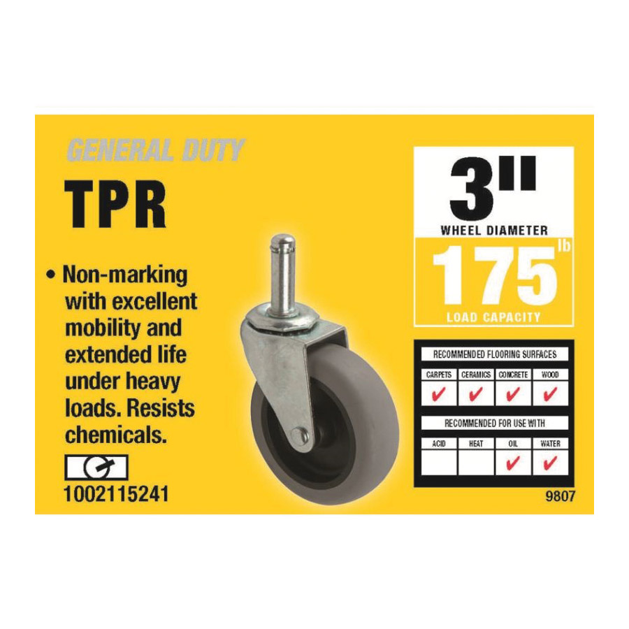Swivel Stem Caster, Shepherd Hardware, 3 in Dia Wheel, Thermoplastic Rubber Wheel, Black/Gray, 175 lb - 2