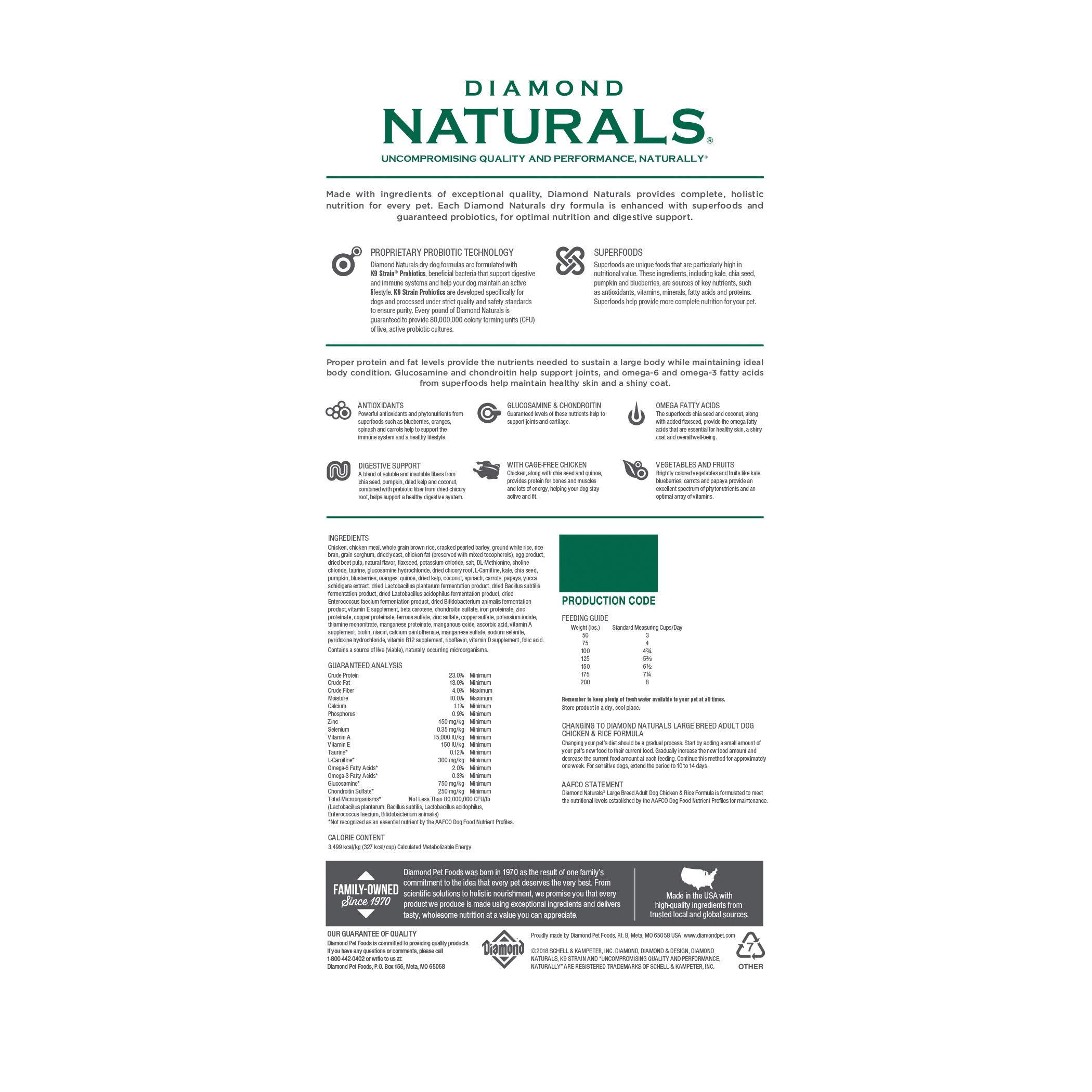 Diamond Naturals 838 Dog Food, Adult, L Breed, Chicken, Rice Flavor, 40 lb