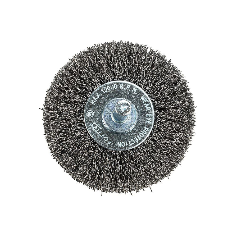 Forney 60015 Wire Wheel Brush, 2-1/2 in Dia, 1/4 in Arbor/Shank, Crimped Bristle, 0.012 in Dia Bristle