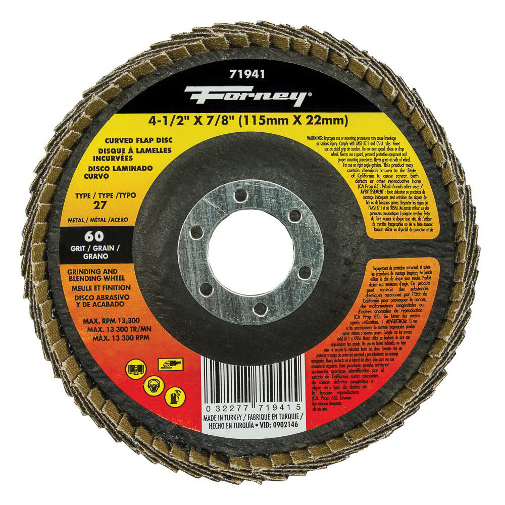 Forney 71941 Flap Disc, 4-1/2 in Dia, 7/8 in Arbor, 60 Grit - 5