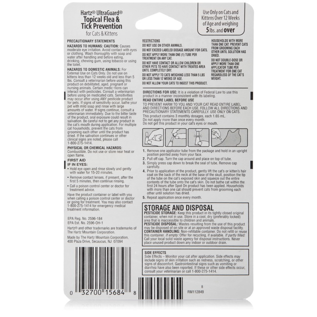 Hartz UltraGuard 3270015684 Flea and Tick Treatment Tube