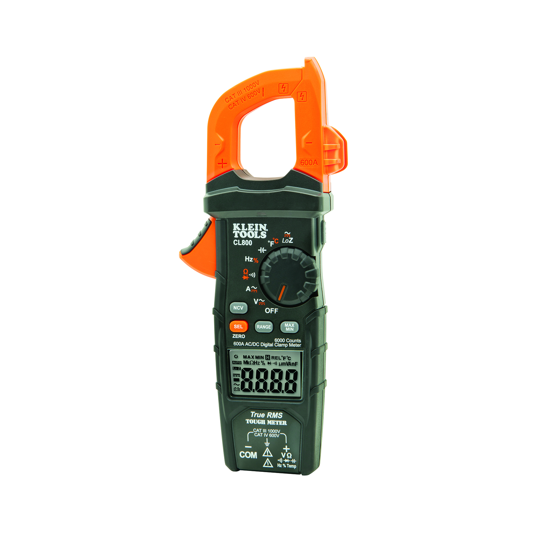 Klein Tools CL800 Clamp Meter, 0 to 1000 V, 0 to 600 A, 1 Hz to 500 KHz, 0 to 60 MOhm, 0 to 6000 uF, -14 to 1000 deg F