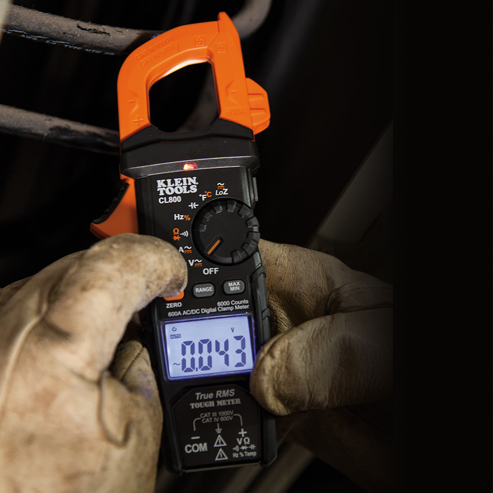 Klein Tools CL800 Clamp Meter, 0 to 1000 V, 0 to 600 A, 1 Hz to 500 KHz, 0 to 60 MOhm, 0 to 6000 uF, -14 to 1000 deg F