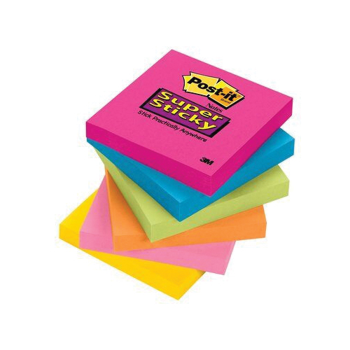 Post-it 654-SSPK Super Sticky Note, Blue/Green/Orange/Pink/Purple/Yellow, 90-Sheet - 1