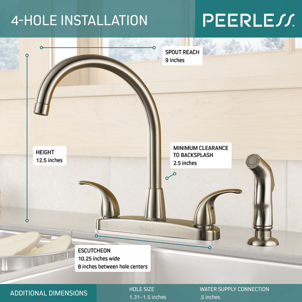 Peerless Tunbridge Series P299578LF-SS Kitchen Faucet, 1.8 gpm, Metal, Stainless, Deck Mounting, 8 in Faucet Centers