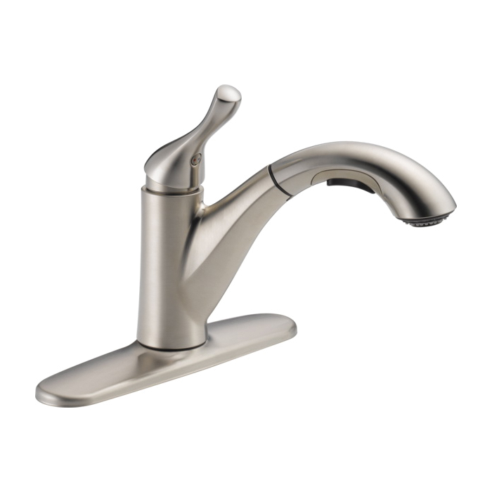 Delta 16953-SS-DST Kitchen Faucet, 1.8 gpm, 1-Handle, Metal, Stainless, Deck, Lever Handle, Swivel Spout