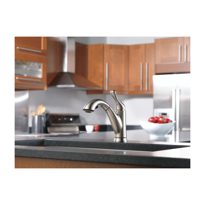 Delta 16953-SS-DST Kitchen Faucet, 1.8 gpm, 1-Handle, Metal, Stainless, Deck, Lever Handle, Swivel Spout